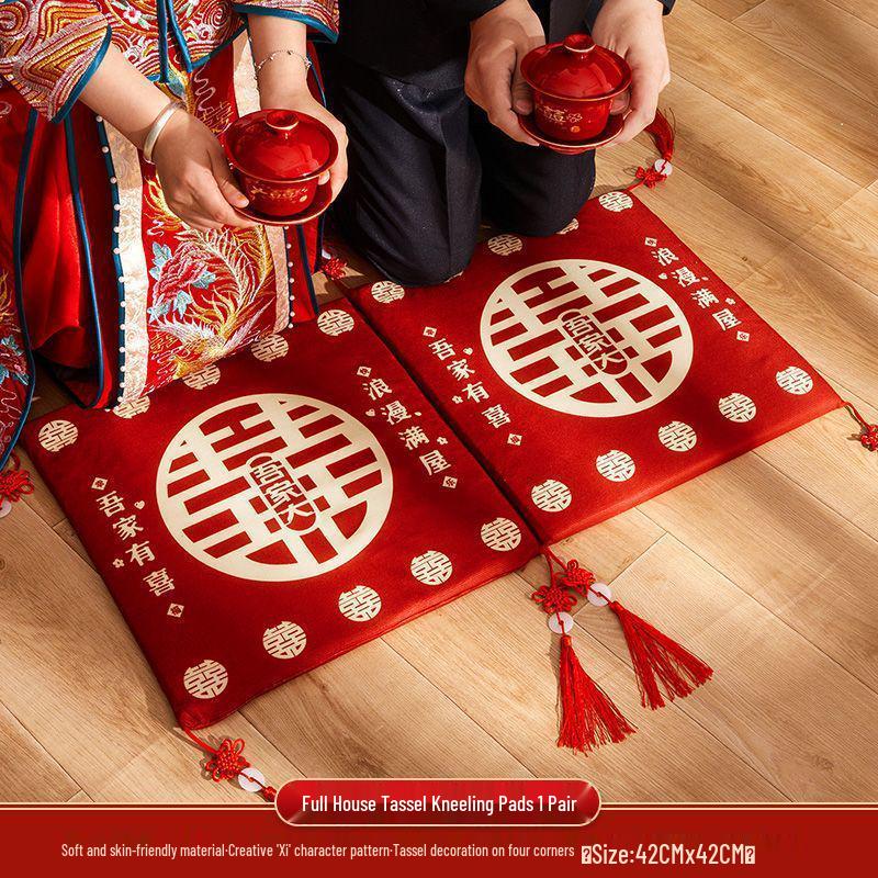 Double Happiness Wedding Kneeling Pad Set - Bride Tea Ceremony Cushions for Sitting and Celebration (Pair)