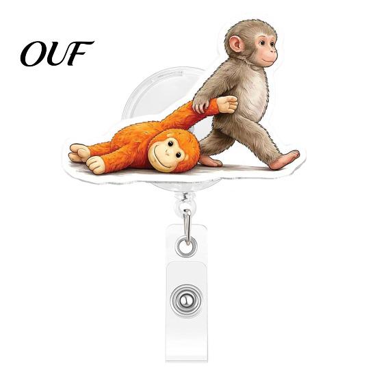 Acrylic Badge Clip for Nurses Retractable Holder, Cute Monkey Pattern Print 360 Degree Rotating Telescopic Reel Teachers Clip, Easy-pull Office Staff