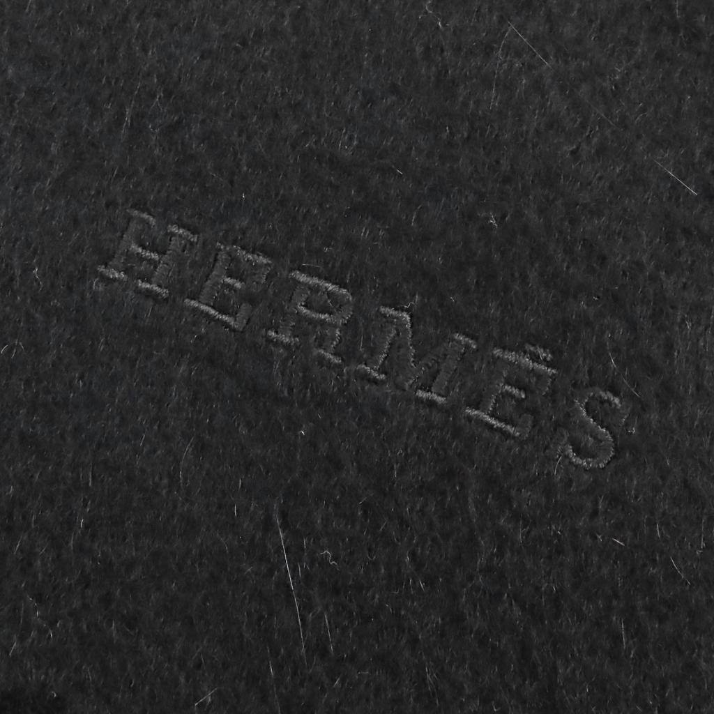 Great HERMES Logo embroidered fringe extra large shawl stole black cashmere Used