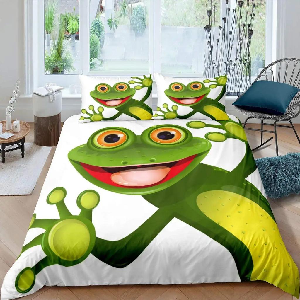 Cartoon Frog Duvet Cover Set Light Green Cartoon Frogs Cute Dragonfly Animal Bedding Set for Kid Twin Size Polyester Quilt Cover