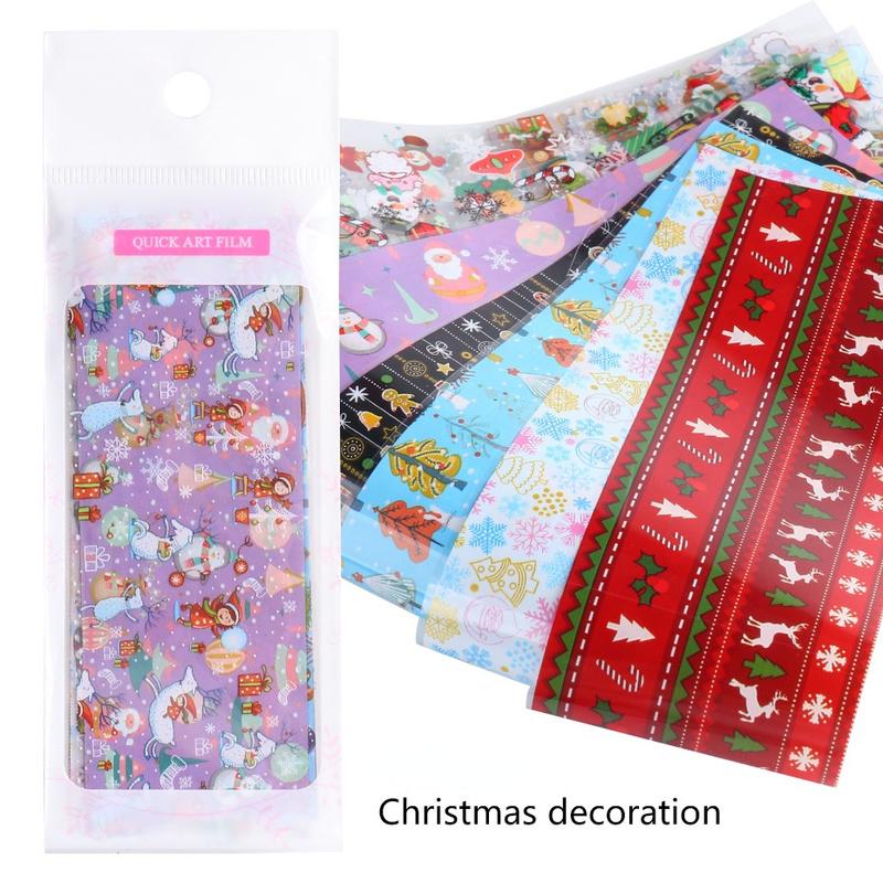 10 Sheet Winter Xmas Nails Transfer Foil Christmas Santa Claus Elk Colorful Starry Sky Paper DIY Stickers for Manicure Tips