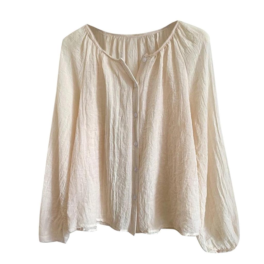 Women’s Long Sleeve Loose Fit Button Down Blouse Lightweight Pleated Top Casual Shirt for Daily Wear
