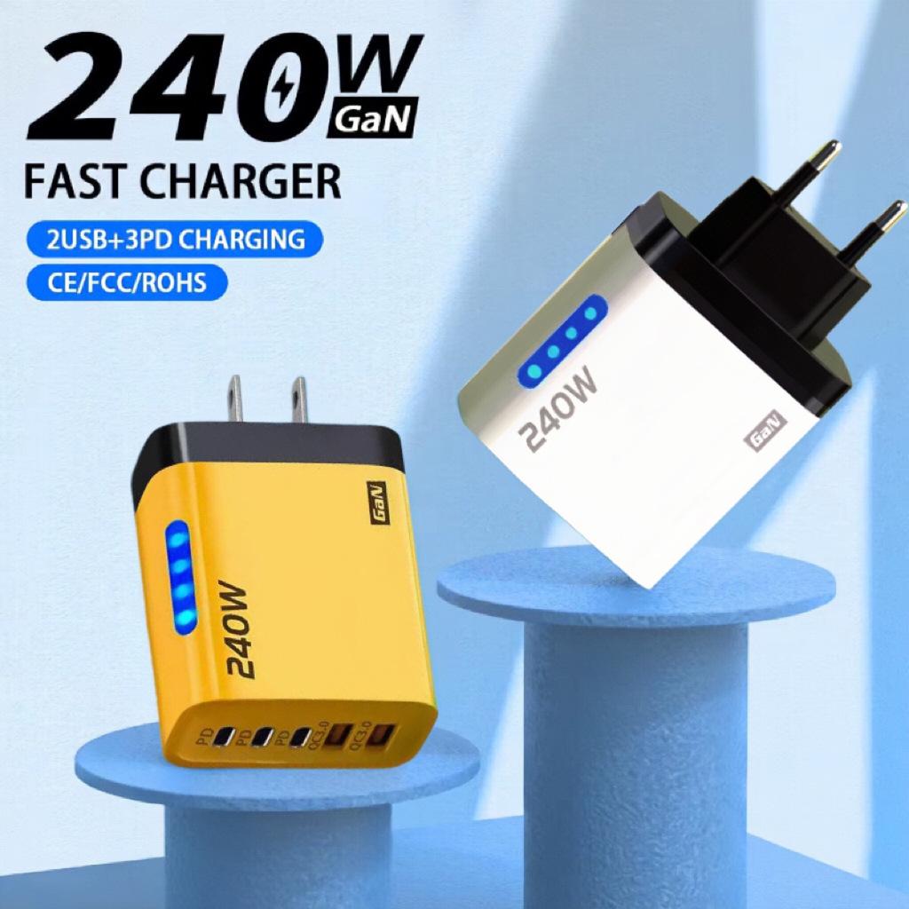 240W Dual USB + PD Fast Charger with Light, Multi-Port, US/EU Plug, for Smartphones