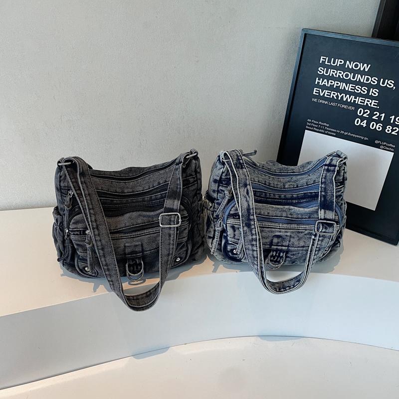 Vintage Denim Crossbody Bag Multi-Pocket Women's Shoulder Bag