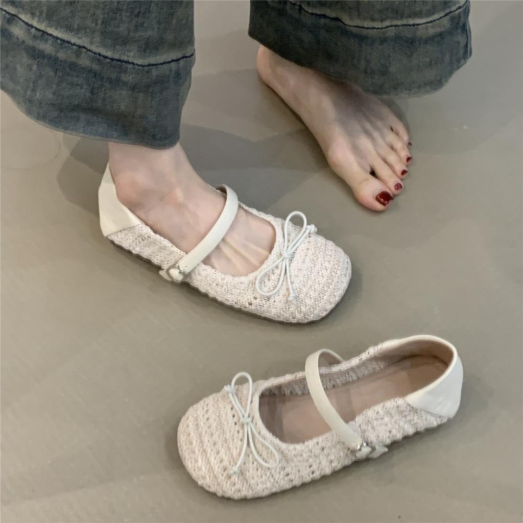 Chaussures Mary Jane simples à un mot français automne 2025 nouvelles chaussures plates tissées à bout rond avec nœud semelles souples
