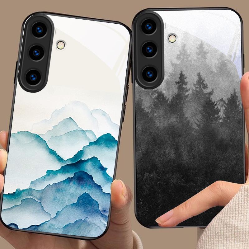 Ink Landscape Painting For For Samsung Galaxy S25+ S24+ S26 Ultra S25 Edge S24 FE S23 S22 S21 S20 Plus Black Glass Phone Case