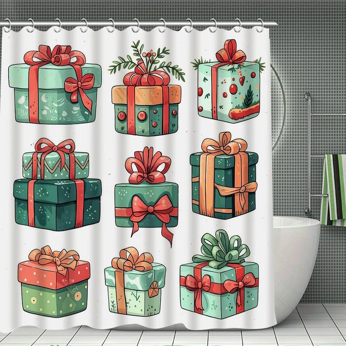 

Christmas Merry Christmas 4pcs Winter Decoration Shower Curtain Set with 12 Hooks, Waterproof Shower Curtain, Non-Slip Bath Ma 90x180cm