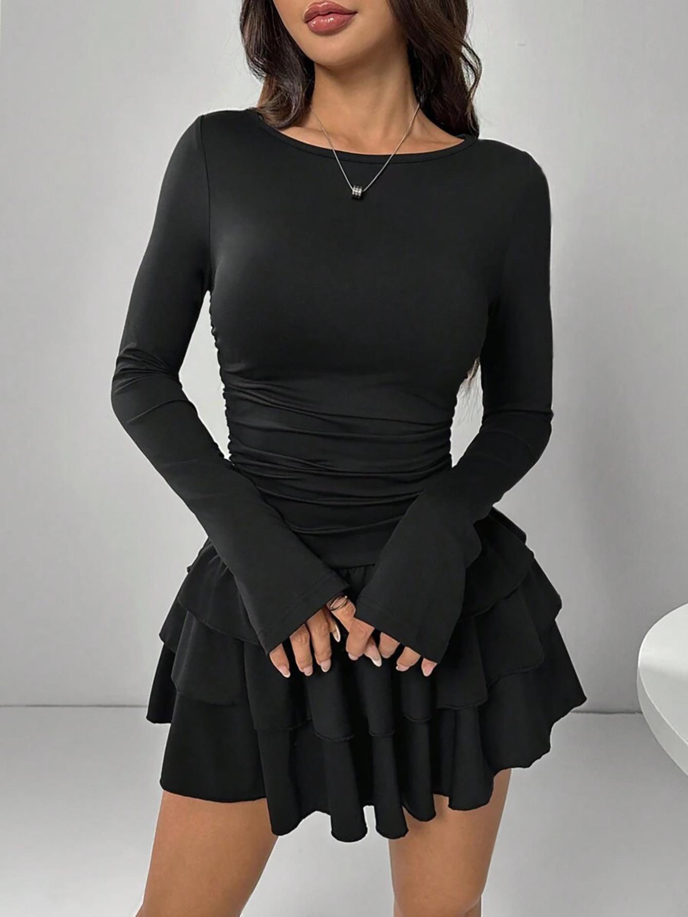 

Cross-border Women s Autumn/Winter Long Sleeve Mini Dress - Elegant & Slimming Solid Color Design L