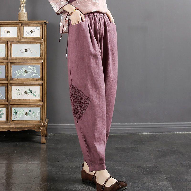 Women s Plus Size Cotton Linen Cropped Harem Pants with Lace Trim Applique L 52.5-60kg фиолетовый