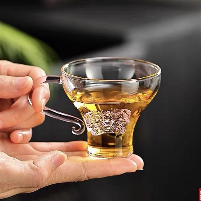 100ml Small Capacity Elegant Pink Butterfly Glass Mug Curved Handle Clear Coffee Tea Cup High Borosilicate Glass Cup Drinkware