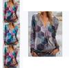 Elegant Ladies Print Pullover Blouse Shirt With V Neck And Zipper For Casual Wear