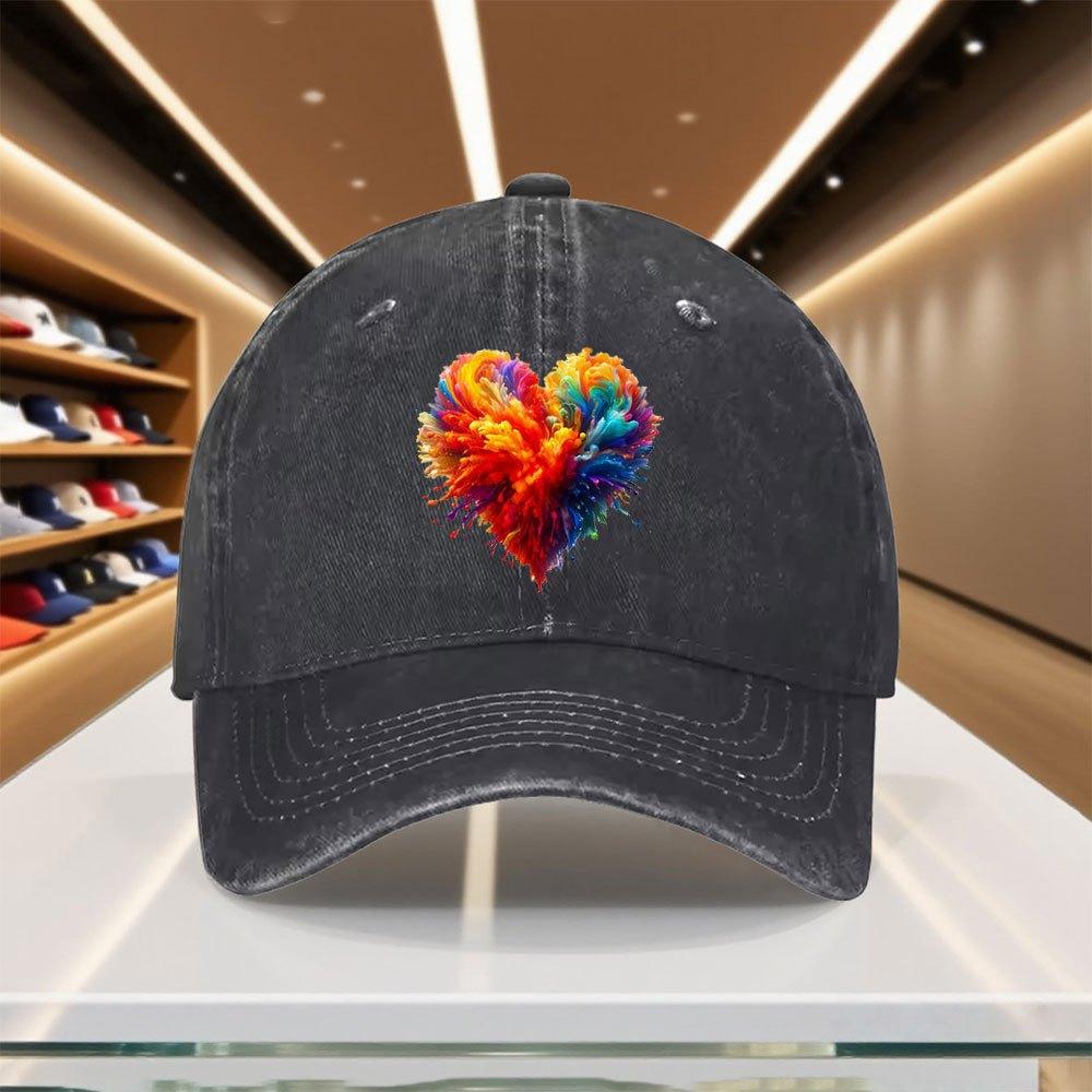 Multicolor Explosion Heart Print Baseball Cap Adjustable Polyester Casual Snapback Hat for Men Women