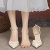 Black high heels women's new pointed pearl one-word strap single shoes bridesmaid stiletto hollow sandals