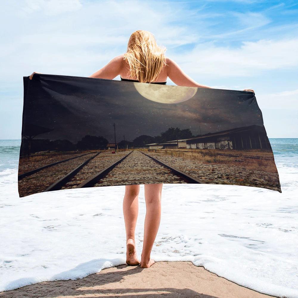 

Train Retro Style Landscape Beach Towel Microfiber Absorbent Bath Towel Soft Quick Dry Beach Blanket Travel Sport Spa Swim Towel W40*H60(CM)