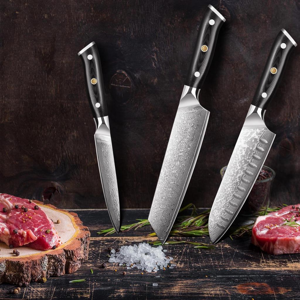 KyushuBlade Damascus Knife Set and Petty Professional Damascus Versatile Kitchen Knife with Authentic Damascus Stainless Full Tang and Black Sharpness