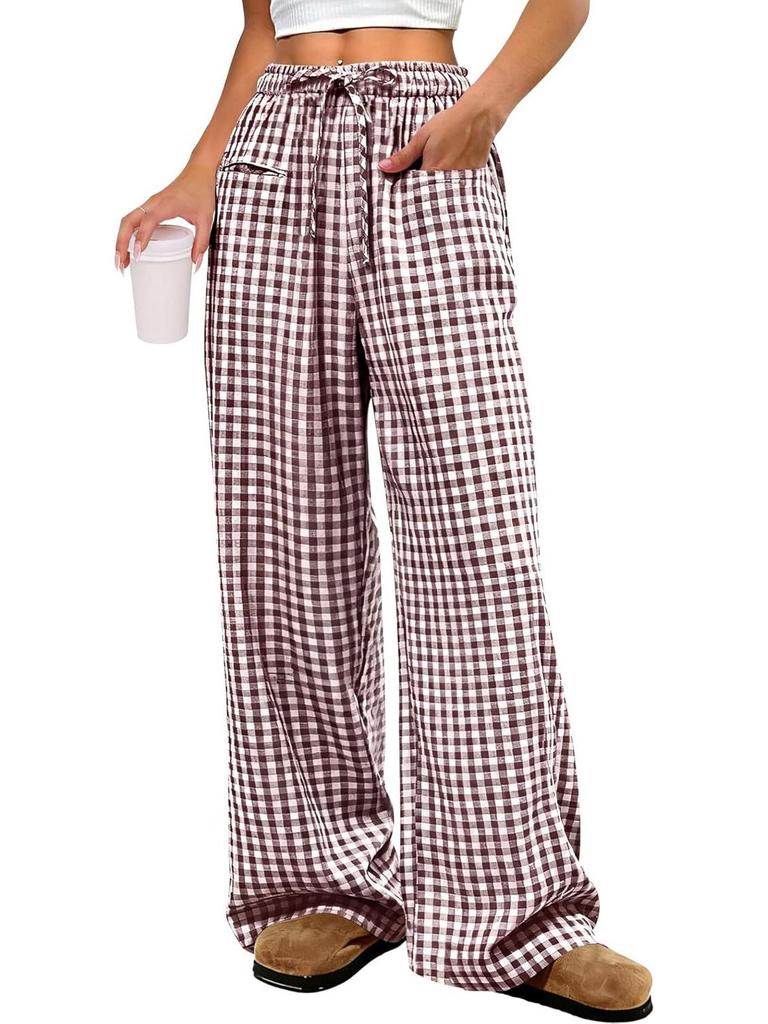 2026 Women's European & American Plaid Trousers - Spring/Summer Casual, Loose Fit, Elastic Waist, Wide Leg with Pockets