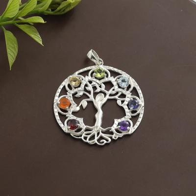 Sterling Silver Chakra Pendant, Tree Of Life Jewelry, 7 Stone Healing Pendant, Valentine's Gift, Birthstone Jewelry