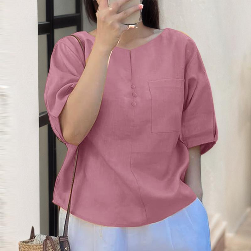 ZANZEA Women Loose Casual Round Neck Solid Color Half Sleeve Blouse