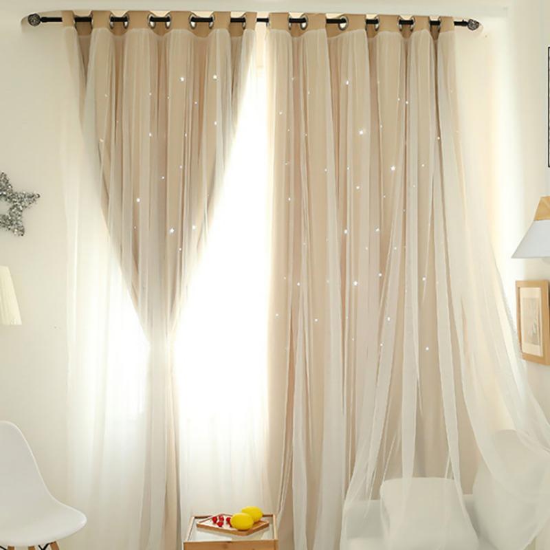 100*200cm Romance Double-Deck Cloth & Blackout Floor-standing Curtain Star Hollow Curtain Drape 2pcs