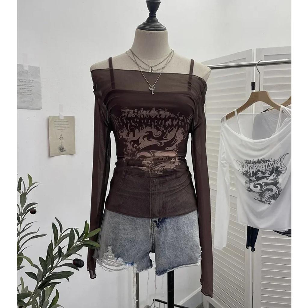 2KWEIRD Women Retro Y2K Hot Girl One Shoulder Mesh Sunscreen Cover Up Camisole Long Sleeve T-Shirt Two-piece Tops Suit Daily Outfit