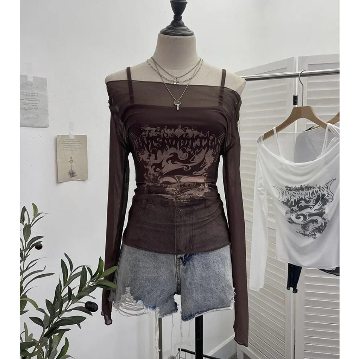 

Женский Ретро Y2K Горячая Девушка На Одно Плечо Сетка Солнцезащитная Накидка Майка Футболка с Длинным Рукавом Костюм из Двух Предметов Топы Повседневный Наряд One Size коричневый