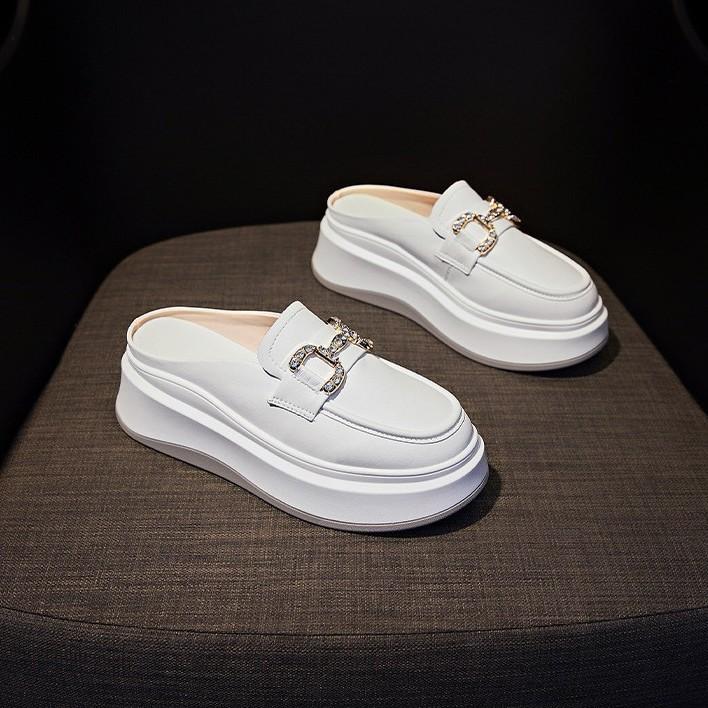 6Cm height increase real soft leather bag head half slippers women 2025 autumn new Internet celebrity thick sole without heel lazy shoes tide