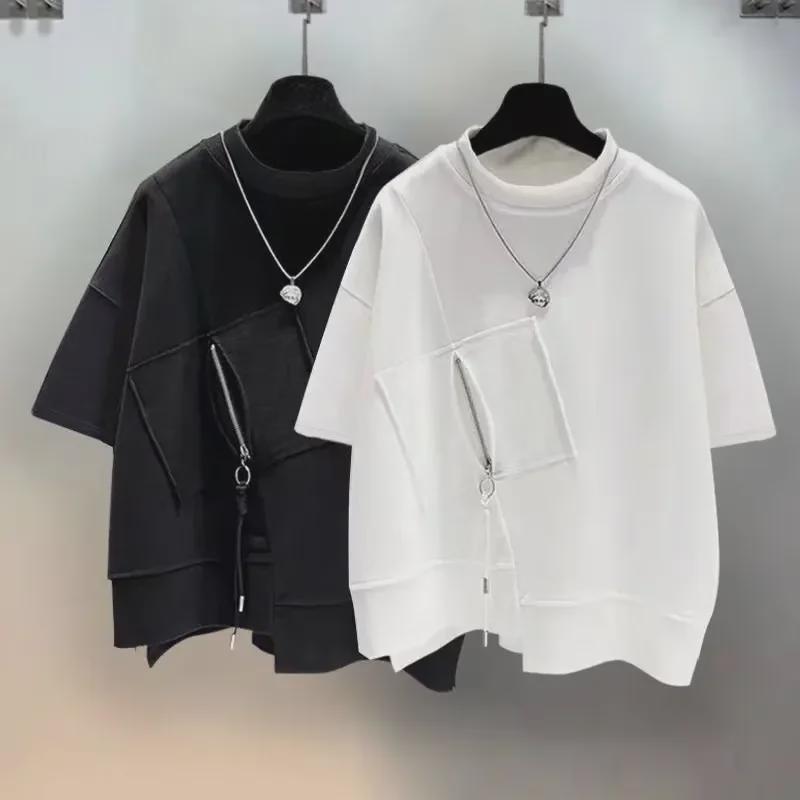 Unisex Dark Bat Sleeve T-Shirt with Irregular Hem and Short Sleeves