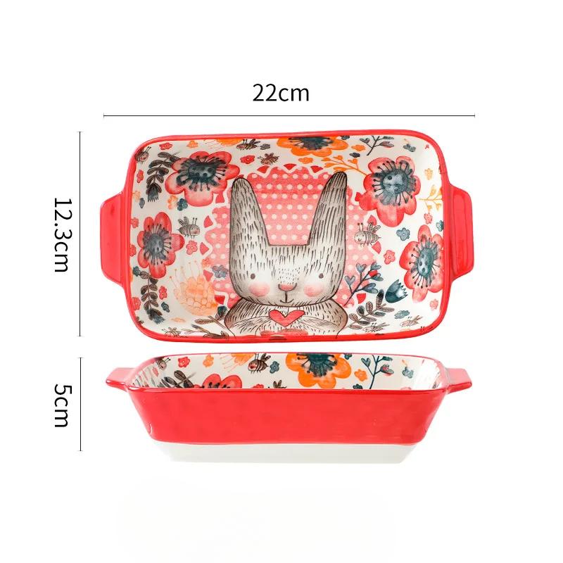 Ceramic Double Ear Baking Plate Restaurant Home Cute Cartoon Bakeware Animals Rice Vegetable Rectangular Dish Kitchen Tableware