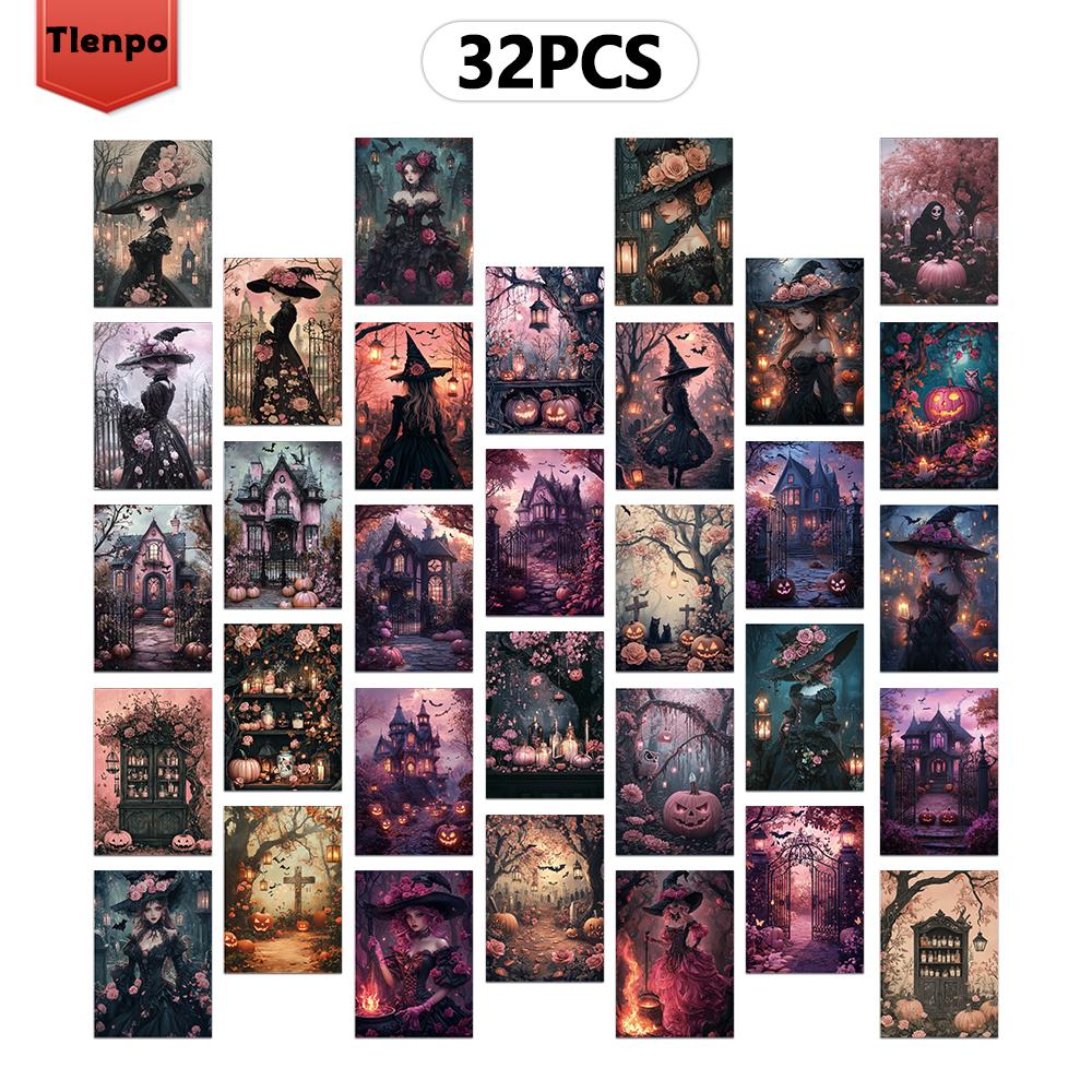 32pcs, Halloween postcard, witch, birthday/anniversary gift, collectible, suitable for gift-giving, can be mailed.