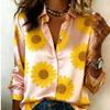 Women Satin Big Floral Realistic Print Shirt Long Sleeve Lapel Button‑Down Blouse Elegant Vacation Office Casual Ladies Multi‑Color Top