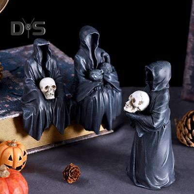 Halloween Grim Reaper Figurine Spooky Black Robe Death Ghost Resin Statue Sculpture Indoor Home Office Desktop Decoration Ornament Festival Gift