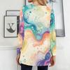Women Plus Size Round Neck Long Sleeve Abstract Printed Red Black Loose Longline T Shirt With Pockets