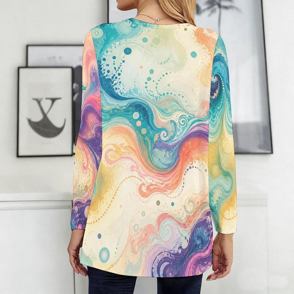 Women Plus Size Round Neck Long Sleeve Abstract Printed Red Black Loose Longline T Shirt With Pockets