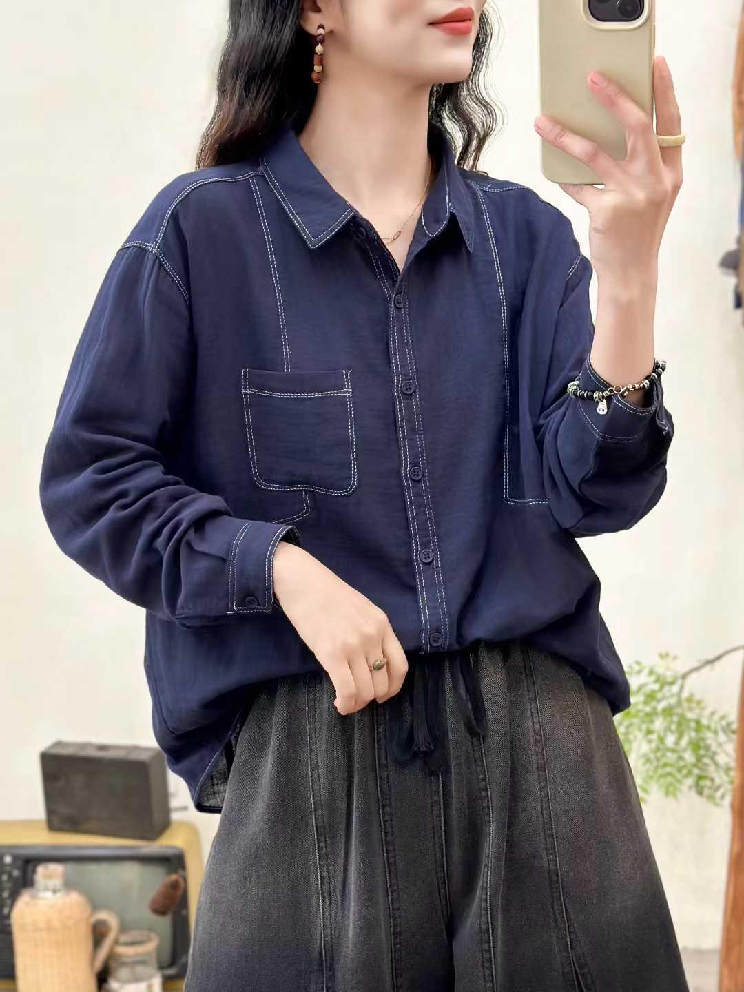 Women s Retro Double-Layer Cotton Gauze Long Sleeve Shirt for Early Spring Medium темно-синий