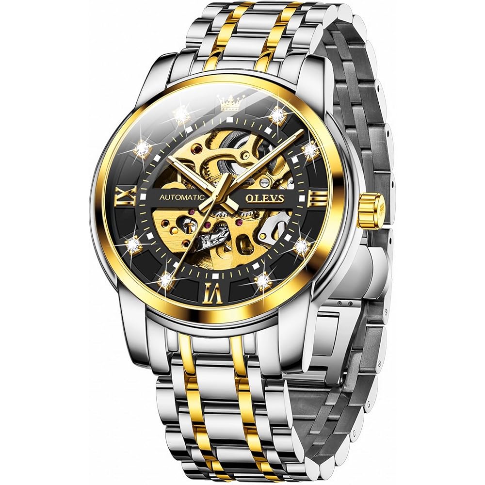 OLEVS G9901 Men s Automatic Skeleton Watch Diamond Luxury Mechanical Dress Watch Waterproof with Luminous Features Black Dial