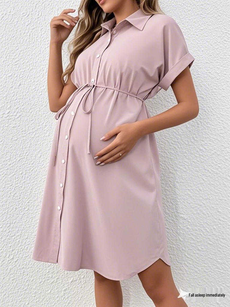 Summer Short-Sleeve Button Casual Maternity Dress with Fashion Belt