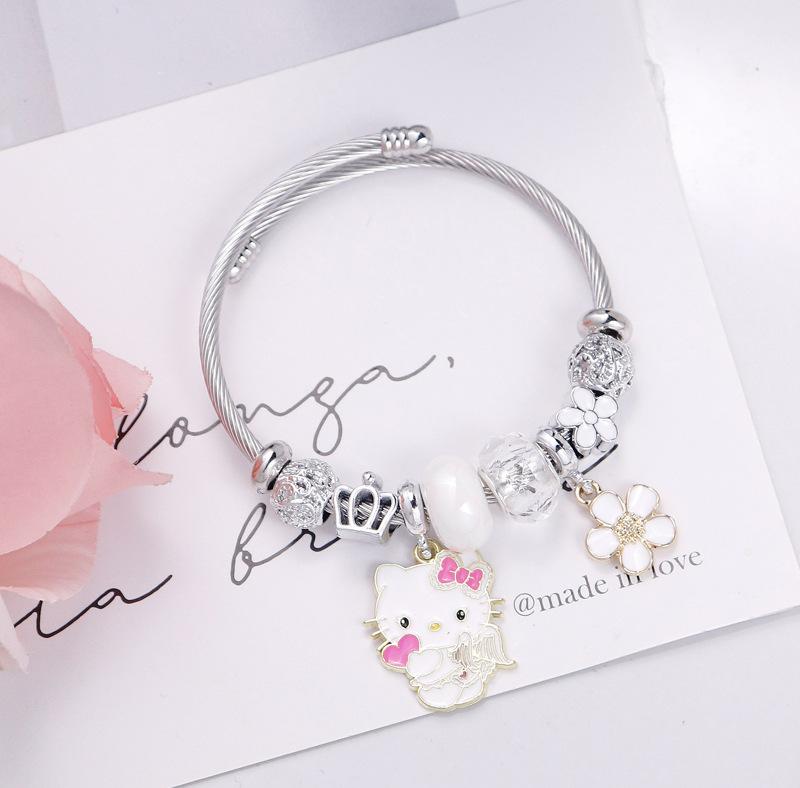 Delicate Five-Petal Flower Pendant Stainless Steel Beaded Bangle Bracelet For Women
