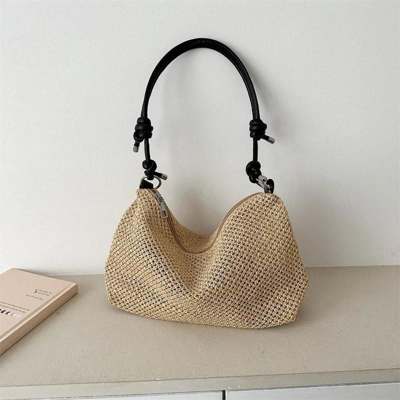 Bolso de paja tejido para mujer, bolso de hombro tejido, bolsos de playa, bolsos hobo, bolsos tejidos, diseñador de moda, verano