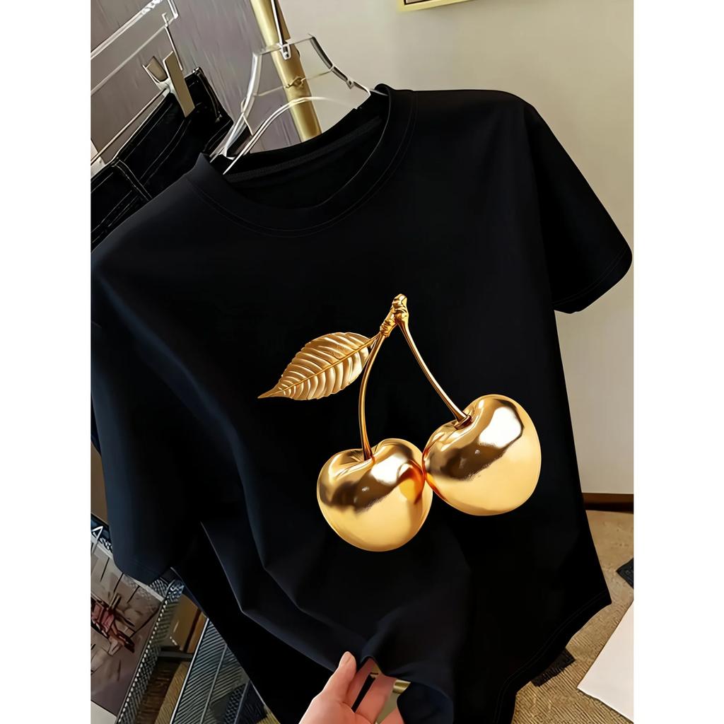 Hot Sales Golden Cherry Print T-shirt Men Women Summer Cotton Clothing Casual Fashion Round Neck Short Sleeved Tee Streetwear