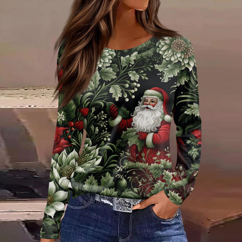 Women's Fashion Casual Slit Hem Round Neck Long Sleeve Loose Christmas Printed T-Shirt Ladies Top