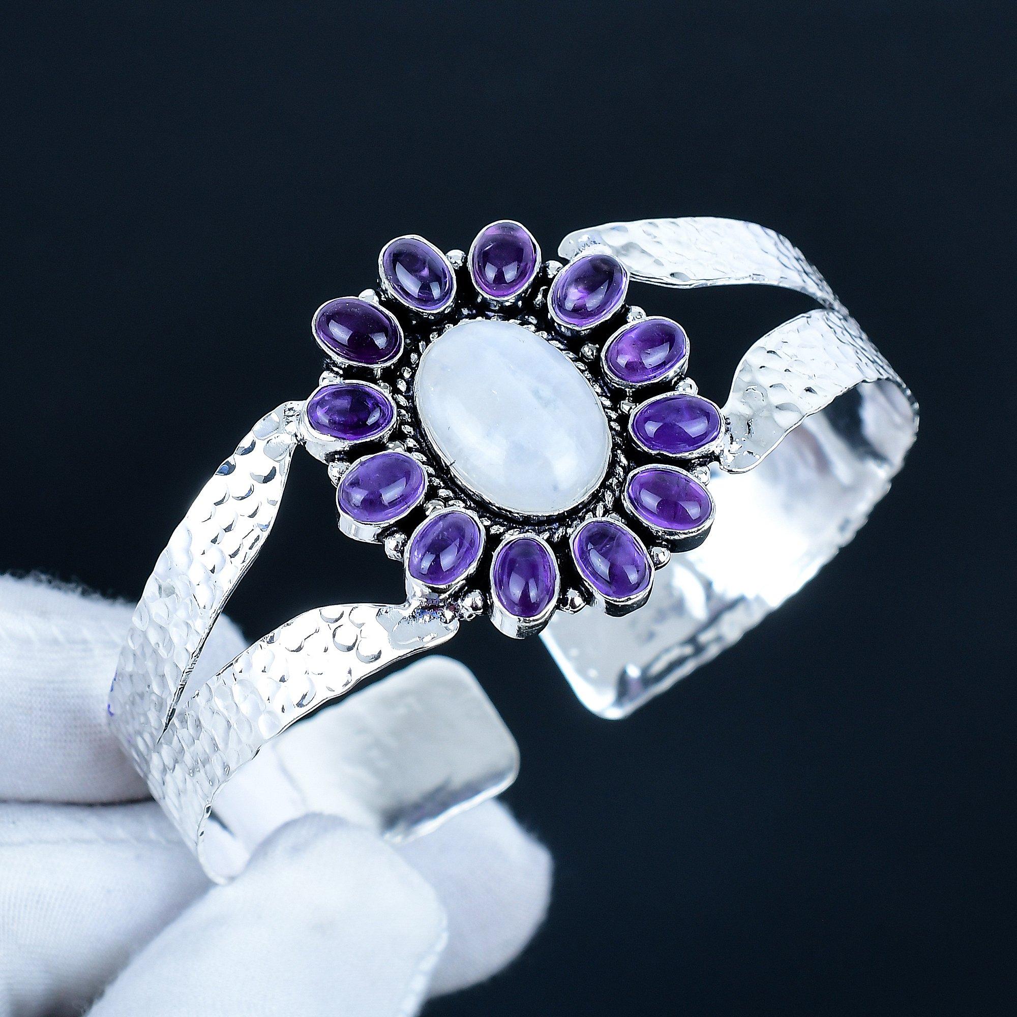 

Аметист Драгоценный камень Ручной работы Манжета Браслет 925 Стерлинговое серебро Манжета Браслет, Радужный Лунный камень Форма цветка Браслет для жены, Унисекс Браслет 7 фиолетовый