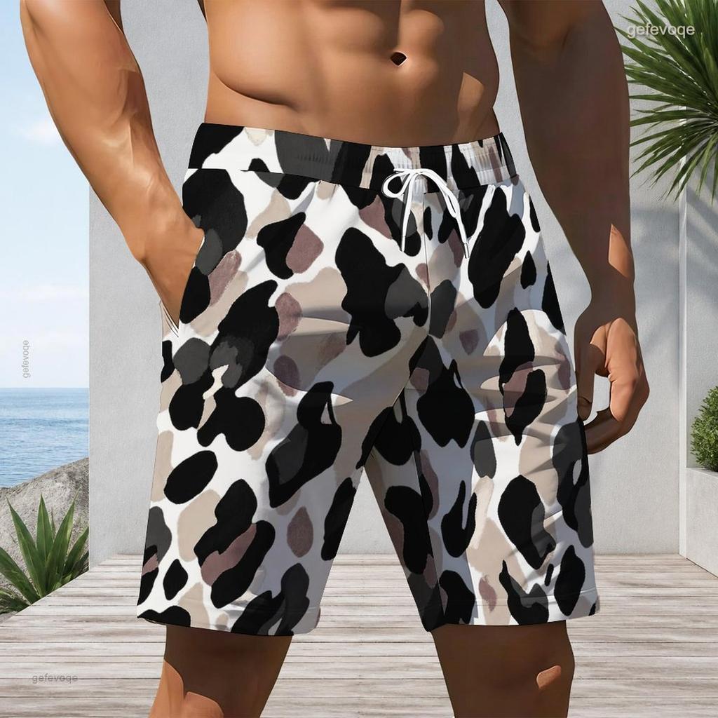 Men Big Size Abstract Marble Print Drawstring Beach Shorts Quick Dry Casual Swim Trunks With Pockets For Summer Holiday Surfing