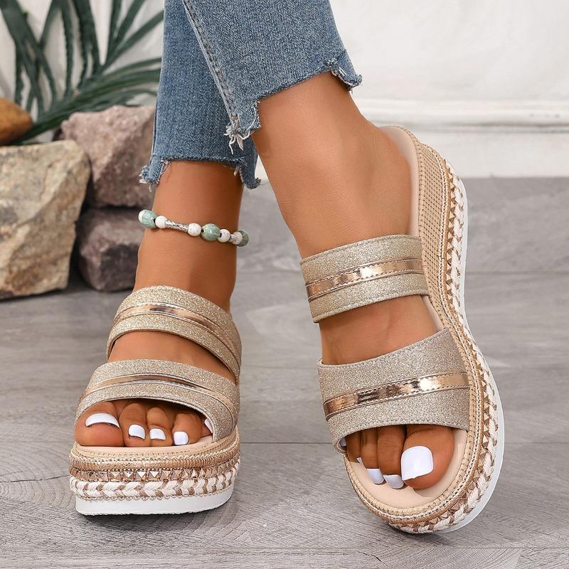 Summer new large size one-character muffin wedge sandals women's fashion thick-soled glossy women's cool slippers