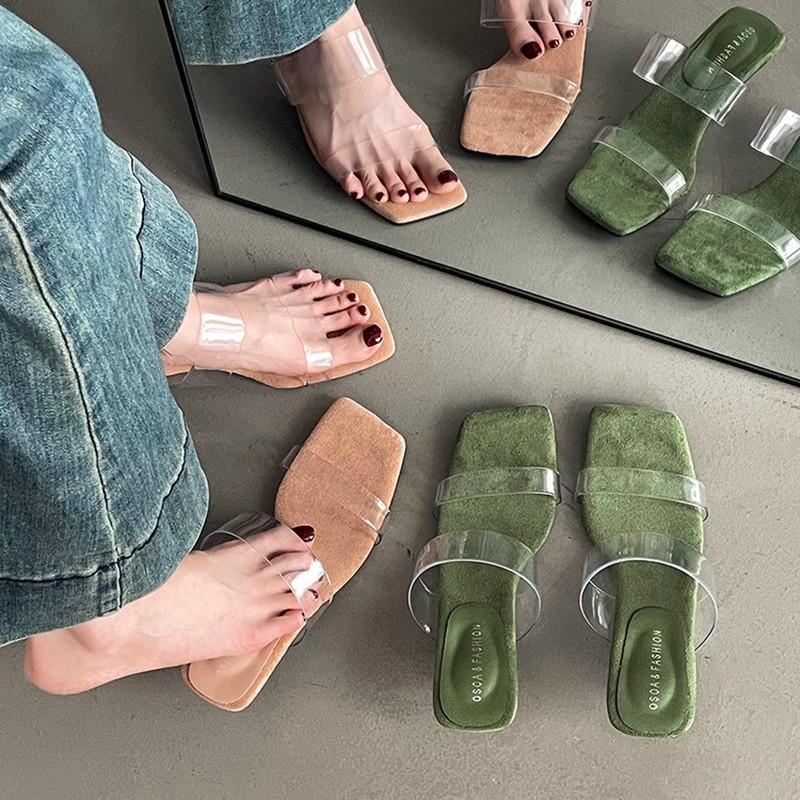 Niche High-end Transparent Belt One-word Wedge Slippers Outer Wear 2025 Summer Fashion Women's Sandals High-heeled Sandals