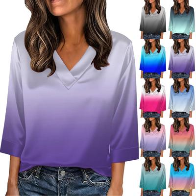 Womens 3/4 Length Sleeves Shirts V-Neck Satin Gradient Color Loose Dressy Trendy T-Shirt Pullover Blouse Tops