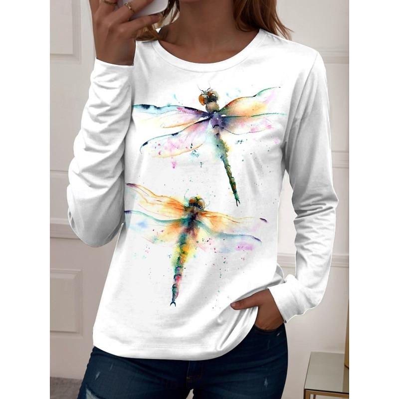 Autumn Fashion Women's Butterfly Plants Elegant O-Neck Long Sleeve T-Shirt Y2K Casual Tops Womens Clothing Harajuku Pullover
