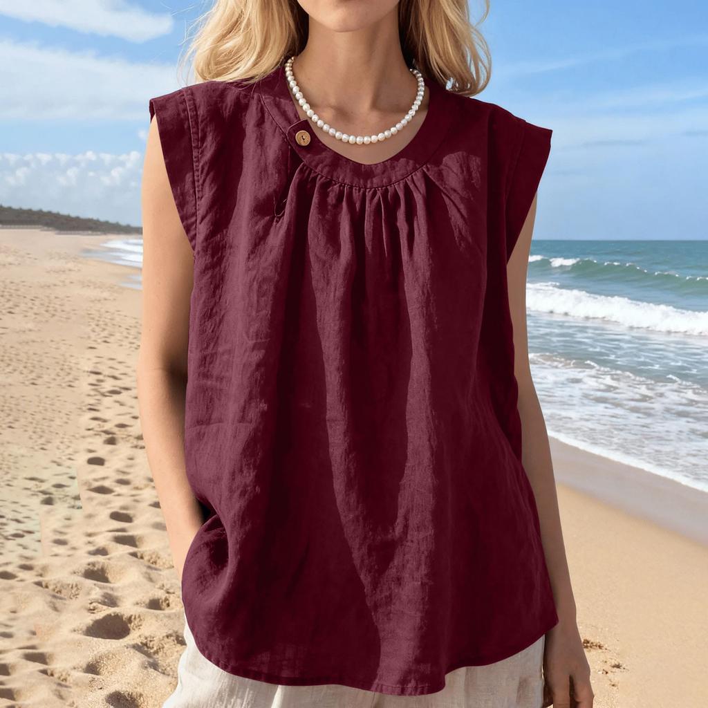 Sleeveless Loose Fit Linen Blouse for Women Casual Round Neck Solid Lightweight Summer Top Shirt