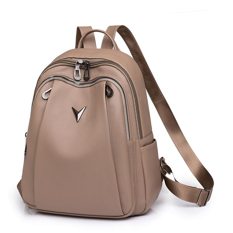 Leather Backpack Women's Solid Color Large Capacity Travel Backpack