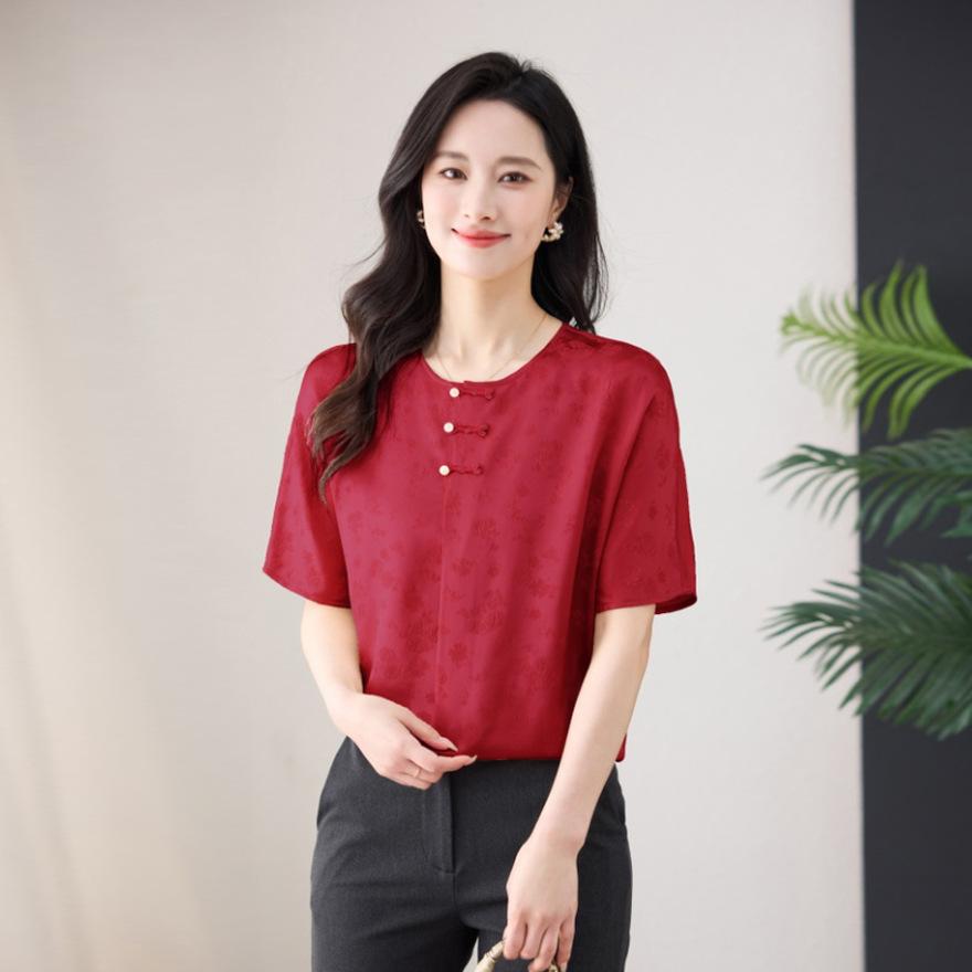 Light Silk Short-sleeved T-shirt Women's  New Crew Neck Shirt Loose Mulberry Silk Top