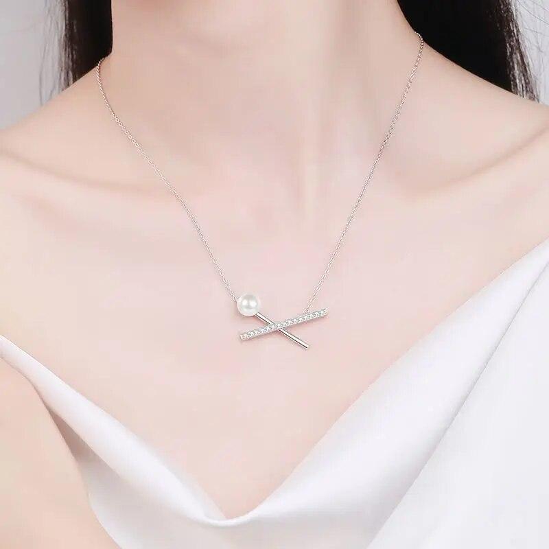 D Color 0.37ct Real Full Moissanite 925 Sterling Silver Pendant for Women Cross Pearl Necklace Original Simple Elegant Jewelry